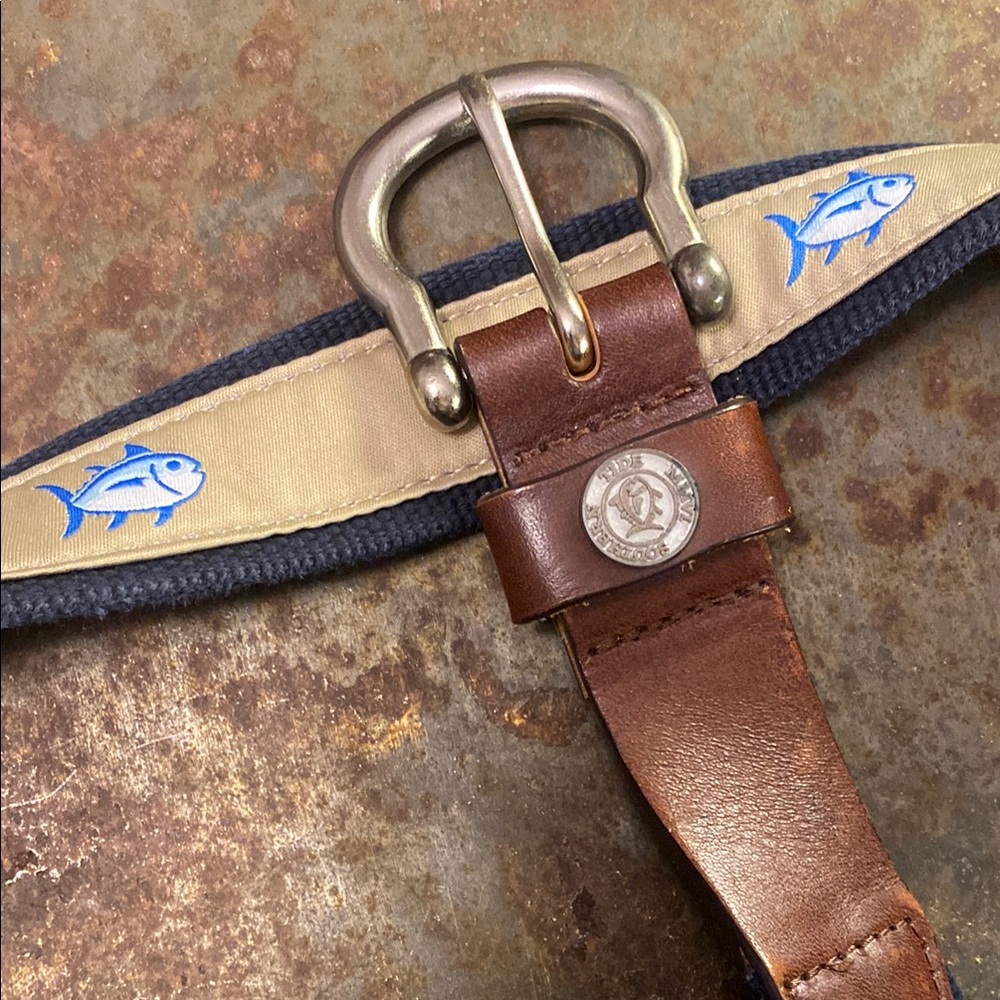 Southern Tide Black Canvas with Blue Fish on Tan Stripe Belt with Leather Ends